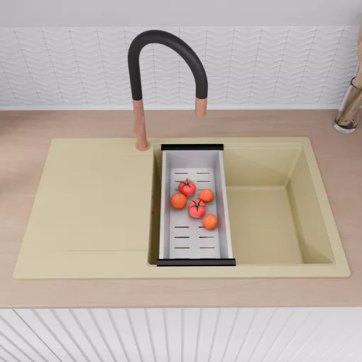 HD Onyx Beige 86-XL egymedencés gránit mosogatótálca szett, csepegtetőtálcával, vágódeszkával, acél csepegtetőkosárral, soft bézs színben, szálcsiszolt réz leeresztő szifonnal