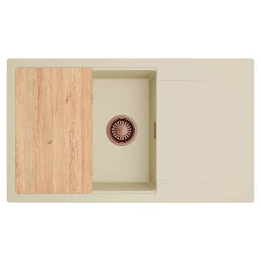 HD Onyx Beige 86-XL egymedencés gránit mosogatótálca, vágódeszkával, soft bézs színben, szálcsiszolt réz leeresztő szifonnal
