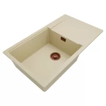 HD Onyx Beige 86-XL egymedencés gránit mosogatótálca, vágódeszkával, soft bézs színben, szálcsiszolt réz leeresztő szifonnal