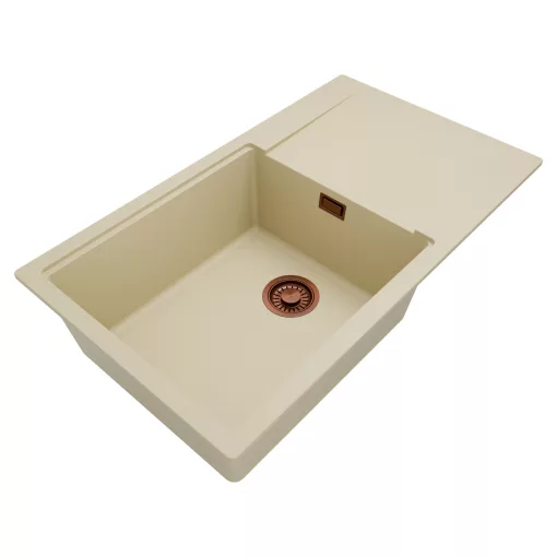 HD Onyx Beige 86-XL egymedencés gránit mosogatótálca, vágódeszkával, soft bézs színben, szálcsiszolt réz leeresztő szifonnal