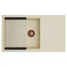 HD Onyx Beige 86-XL egymedencés mosogatótálca szett, acél csepegtetőráccsal, csepegtetőtálcával, soft bézs színben, szálcsiszolt réz leeresztő szifonnal