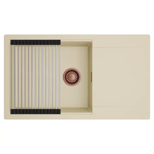 HD Onyx Beige 86-XL egymedencés mosogatótálca szett, acél csepegtetőráccsal, csepegtetőtálcával, soft bézs színben, szálcsiszolt réz leeresztő szifonnal