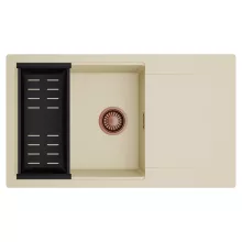 HD Onyx Beige 86-XL egymedencés mosogatótálca szett, matt fekete csepegtetőkosárral, csepegtetőtálcával, soft bézs színben, szálcsiszolt réz leeresztő szifonnal