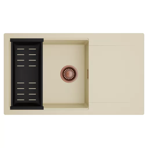 HD Onyx Beige 86-XL egymedencés mosogatótálca szett, matt fekete csepegtetőkosárral, csepegtetőtálcával, soft bézs színben, szálcsiszolt réz leeresztő szifonnal