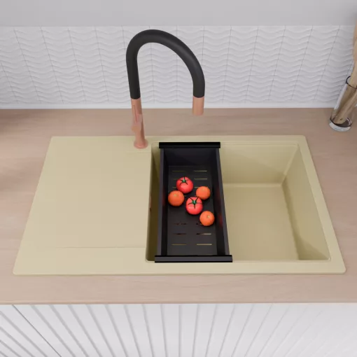 HD Onyx Beige 86-XL egymedencés mosogatótálca szett, matt fekete csepegtetőkosárral, csepegtetőtálcával, soft bézs színben, szálcsiszolt réz leeresztő szifonnal