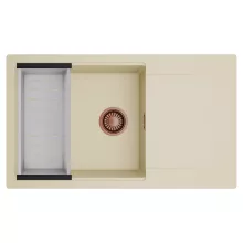 HD Onyx Beige 86-XL egymedencés mosogatótálca szett, acél csepegtetőkosárral, csepegtetőtálcával, soft bézs színben, szálcsiszolt réz leeresztő szifonnal