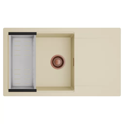 HD Onyx Beige 86-XL egymedencés mosogatótálca szett, acél csepegtetőkosárral, csepegtetőtálcával, soft bézs színben, szálcsiszolt réz leeresztő szifonnal