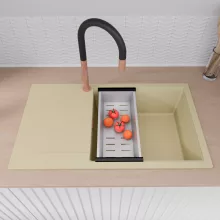 HD Onyx Beige 86-XL egymedencés mosogatótálca szett, acél csepegtetőkosárral, csepegtetőtálcával, soft bézs színben, szálcsiszolt réz leeresztő szifonnal