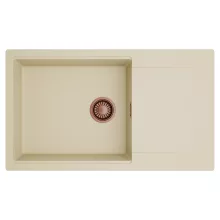 HD Onyx Beige 86-XL egymedencés mosogatótálca, csepegtetőtálcával, soft bézs színben, szálcsiszolt réz leeresztő szifonnal