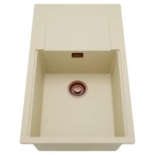 HD Onyx Beige 86-XL egymedencés mosogatótálca, csepegtetőtálcával, soft bézs színben, szálcsiszolt réz leeresztő szifonnal