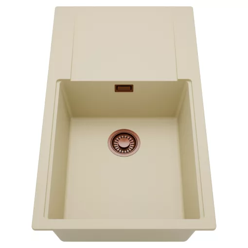 HD Onyx Beige 86-XL egymedencés mosogatótálca, csepegtetőtálcával, soft bézs színben, szálcsiszolt réz leeresztő szifonnal