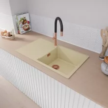 HD Onyx Beige 86-XL egymedencés mosogatótálca, csepegtetőtálcával, soft bézs színben, szálcsiszolt réz leeresztő szifonnal