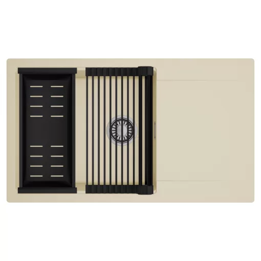 HD Onyx Beige 86-XL egymedencés mosogatótálca szett, matt fekete csepegtetőráccsal és kosárral, csepegtetőtálcával, soft bézs színben