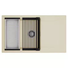 HD Onyx Beige 86-XL egymedencés mosogatótálca szett, matt fekete csepegtetőráccsal és krómozott kosárral, csepegtetőtálcával, soft bézs színben