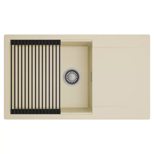 HD Onyx Beige 86-XL egymedencés mosogatótálca szett, matt fekete csepegtetőráccsal, csepegtetőtálcával, soft bézs színben