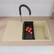 HD Onyx Beige 86-XL egymedencés mosogatótálca szett, acél csepegtetőráccsal és matt fekete kosárral, csepegtetőtálcával, soft bézs színben