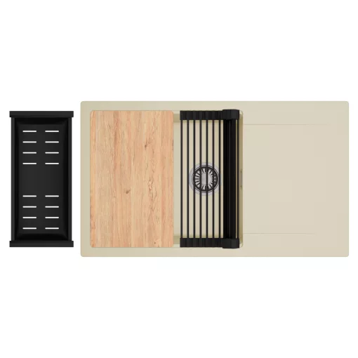 HD Onyx Beige 86-XL egymedencés gránit mosogatótálca szett, csepegtetőtálcával, vágódeszkával, matt fekete csepegtetőráccsal és kosárral, soft bézs színben