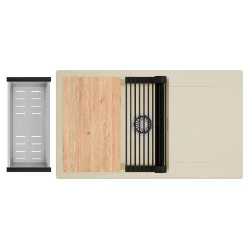 HD Onyx Beige 86-XL egymedencés gránit mosogatótálca szett, csepegtetőtálcával, vágódeszkával, matt fekete csepegtetőráccsal és krómozott kosárral, soft bézs színben