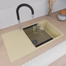 HD Onyx Beige 86-XL egymedencés gránit mosogatótálca szett, csepegtetőtálcával, vágódeszkával, matt fekete csepegtetőráccsal és krómozott kosárral, soft bézs színben