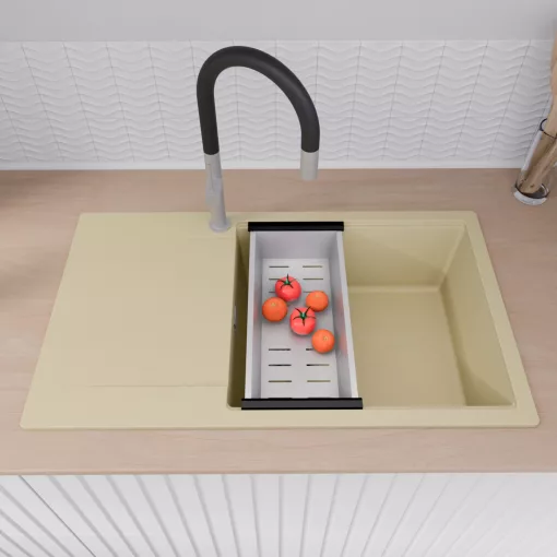 HD Onyx Beige 86-XL egymedencés gránit mosogatótálca szett, csepegtetőtálcával, vágódeszkával, matt fekete csepegtetőráccsal és krómozott kosárral, soft bézs színben