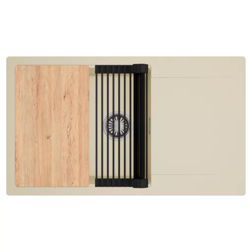 HD Onyx Beige 86-XL egymedencés gránit mosogatótálca szett, csepegtetőtálcával, vágódeszkával, matt fekete csepegtetőráccsal, soft bézs színben