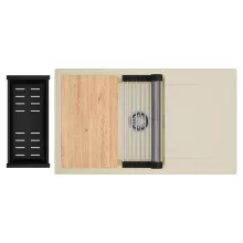 HD Onyx Beige 86-XL egymedencés gránit mosogatótálca szett, csepegtetőtálcával, vágódeszkával, acél csepegtetőráccsal és matt fekete kosárral, soft bézs színben