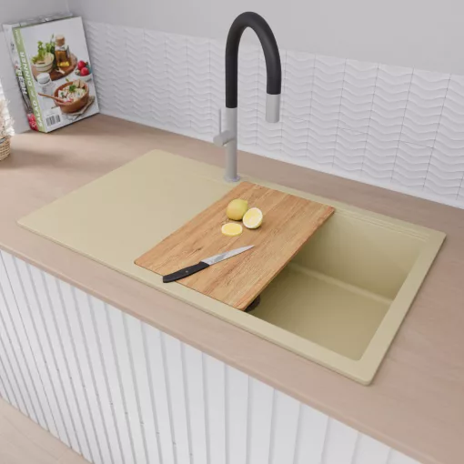 HD Onyx Beige 86-XL egymedencés gránit mosogatótálca szett, csepegtetőtálcával, vágódeszkával, acél csepegtetőráccsal és kosárral, soft bézs színben