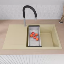 HD Onyx Beige 86-XL egymedencés gránit mosogatótálca szett, csepegtetőtálcával, vágódeszkával, acél csepegtetőráccsal és kosárral, soft bézs színben