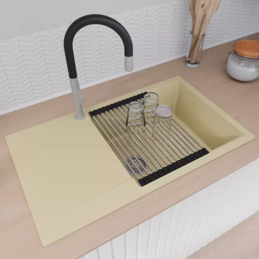 HD Onyx Beige 86-XL egymedencés gránit mosogatótálca szett, csepegtetőtálcával, vágódeszkával, acél csepegtetőráccsal, soft bézs színben