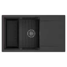 HD Onyx Antracit 86-XL egymedencés mosogatótálca szett, matt fekete csepegtetőráccsal és kosárral, csepegtetőtálcával, matt antracit színben, szálcsiszolt króm leeresztő szifonnal