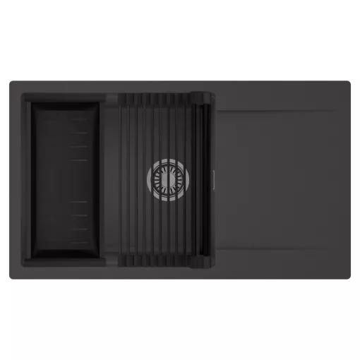 HD Onyx Antracit 86-XL egymedencés mosogatótálca szett, matt fekete csepegtetőráccsal és kosárral, csepegtetőtálcával, matt antracit színben, szálcsiszolt króm leeresztő szifonnal