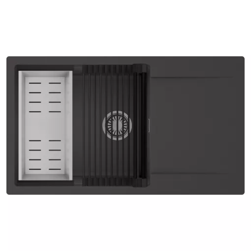 HD Onyx Antracit 86-XL egymedencés mosogatótálca szett, matt fekete csepegtetőráccsal és krómozott kosárral, csepegtetőtálcával, matt antracit színben, szálcsiszolt króm leeresztő szifonnal