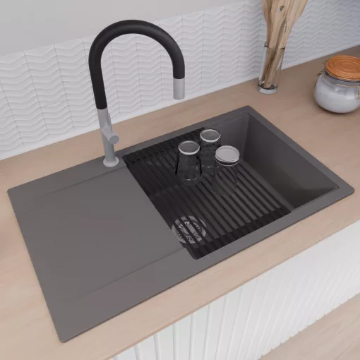 HD Onyx Antracit 86-XL egymedencés mosogatótálca szett, matt fekete csepegtetőráccsal és krómozott kosárral, csepegtetőtálcával, matt antracit színben, szálcsiszolt króm leeresztő szifonnal