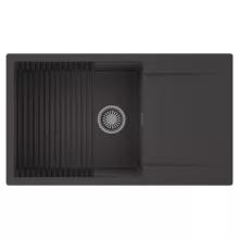 HD Onyx Antracit 86-XL egymedencés mosogatótálca szett, matt fekete csepegtetőráccsal, csepegtetőtálcával, matt antracit színben, szálcsiszolt króm leeresztő szifonnal