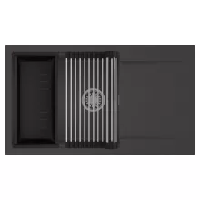 HD Onyx Antracit 86-XL egymedencés mosogatótálca szett, acél csepegtetőráccsal és matt fekete kosárral, csepegtetőtálcával, matt antracit színben, szálcsiszolt króm leeresztő szifonnal