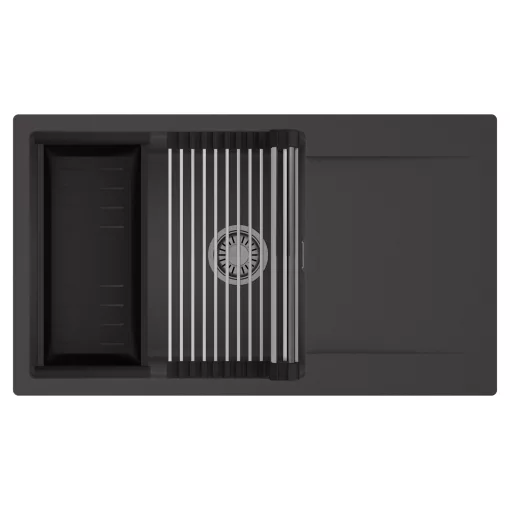 HD Onyx Antracit 86-XL egymedencés mosogatótálca szett, acél csepegtetőráccsal és matt fekete kosárral, csepegtetőtálcával, matt antracit színben, szálcsiszolt króm leeresztő szifonnal