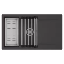 HD Onyx Antracit 86-XL egymedencés mosogatótálca szett, acél csepegtetőráccsal és kosárral, csepegtetőtálcával, matt antracit színben, szálcsiszolt króm leeresztő szifonnal