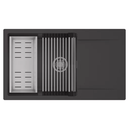 HD Onyx Antracit 86-XL egymedencés mosogatótálca szett, acél csepegtetőráccsal és kosárral, csepegtetőtálcával, matt antracit színben, szálcsiszolt króm leeresztő szifonnal