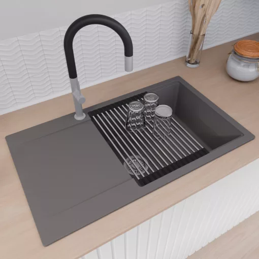 HD Onyx Antracit 86-XL egymedencés mosogatótálca szett, acél csepegtetőráccsal és kosárral, csepegtetőtálcával, matt antracit színben, szálcsiszolt króm leeresztő szifonnal