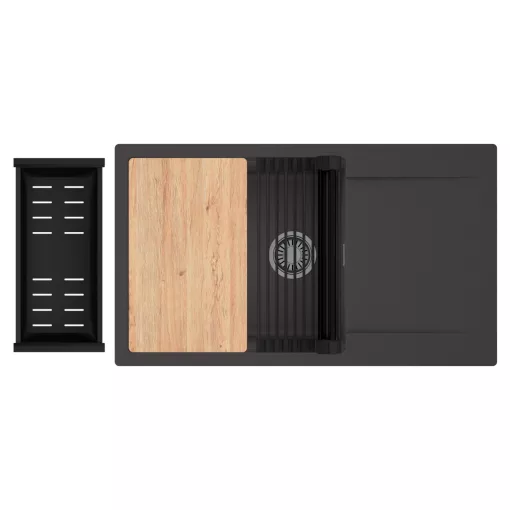 HD Onyx Antracit 86-XL egymedencés gránit mosogatótálca szett, csepegtetőtálcával, vágódeszkával, matt fekete csepegtetőráccsal és kosárral, matt antracit színben, szálcsiszolt króm leeresztő szifonnal