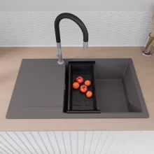 HD Onyx Antracit 86-XL egymedencés gránit mosogatótálca szett, csepegtetőtálcával, vágódeszkával, matt fekete csepegtetőráccsal és kosárral, matt antracit színben, szálcsiszolt króm leeresztő szifonnal