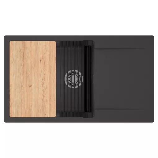 HD Onyx Antracit 86-XL egymedencés gránit mosogatótálca szett, csepegtetőtálcával, vágódeszkával, matt fekete csepegtetőráccsal, matt antracit színben, szálcsiszolt króm leeresztő szifonnal