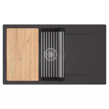 HD Onyx Antracit 86-XL egymedencés gránit mosogatótálca szett, csepegtetőtálcával, vágódeszkával, acél csepegtetőráccsal, matt antracit színben, szálcsiszolt króm leeresztő szifonnal