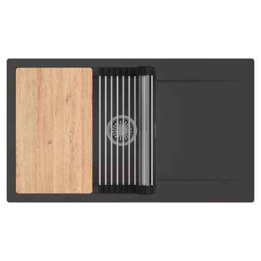 HD Onyx Antracit 86-XL egymedencés gránit mosogatótálca szett, csepegtetőtálcával, vágódeszkával, acél csepegtetőráccsal, matt antracit színben, szálcsiszolt króm leeresztő szifonnal
