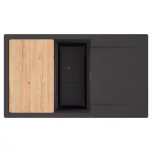 HD Onyx Antracit 86-XL egymedencés gránit mosogatótálca szett, csepegtetőtálcával, vágódeszkával, matt fekete csepegtetőkosárral, matt antracit színben, szálcsiszolt króm leeresztő szifonnal