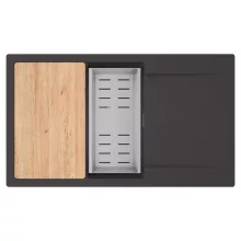 HD Onyx Antracit 86-XL egymedencés gránit mosogatótálca szett, csepegtetőtálcával, vágódeszkával, acél csepegtetőkosárral, matt antracit színben, szálcsiszolt króm leeresztő szifonnal