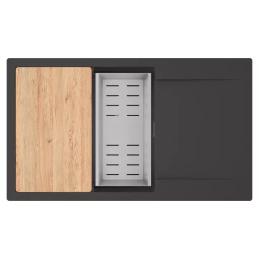 HD Onyx Antracit 86-XL egymedencés gránit mosogatótálca szett, csepegtetőtálcával, vágódeszkával, acél csepegtetőkosárral, matt antracit színben, szálcsiszolt króm leeresztő szifonnal