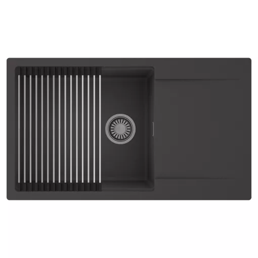 HD Onyx Antracit 86-XL egymedencés mosogatótálca szett, acél csepegtetőráccsal, csepegtetőtálcával, matt antracit színben, szálcsiszolt króm leeresztő szifonnal