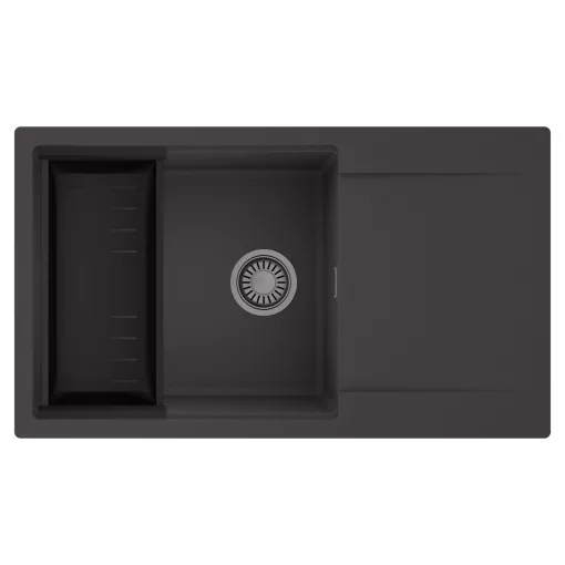 HD Onyx Antracit 86-XL egymedencés mosogatótálca szett, matt fekete csepegtetőkosárral, csepegtetőtálcával, matt antracit színben, szálcsiszolt króm leeresztő szifonnal