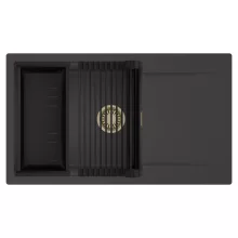 HD Onyx Antracit 86-XL egymedencés mosogatótálca szett, matt fekete csepegtetőráccsal és kosárral, csepegtetőtálcával, matt antracit színben, szálcsiszolt arany leeresztő szifonnal